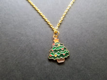 Load image into Gallery viewer, Green Christmas Tree Gold Enamel Charm Necklace Scary Aliens
