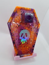 Load image into Gallery viewer, Halloween Holographic Skull Incense Burner -  Drippy Purple Orange Trinket Tray - Resin Altar Tools Holder - Nu Goth Home Decor - Goth Gift Scary Aliens
