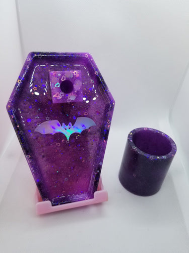 Holographic Bat Purple Coffin Incense Holder Set Scary Aliens