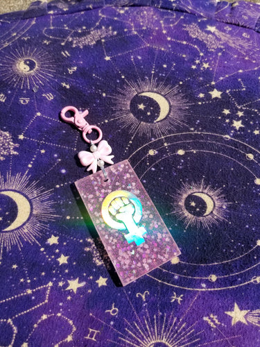 Holographic Feminist Key Chain - Girl Power Birthday Gift Glitter Resin Keychain - BLM Bag Charm Scary Aliens