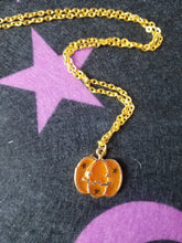 Load image into Gallery viewer, Jack O Lantern Gold Enamel Charm Necklace Scary Aliens
