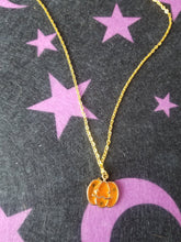 Load image into Gallery viewer, Jack O Lantern Gold Enamel Charm Necklace Scary Aliens
