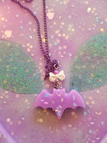 Lavender Bat Necklace with Pearl Bow Scary Aliens