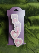 Load image into Gallery viewer, Lavender Bear and Heart Barrettes Set Scary Aliens
