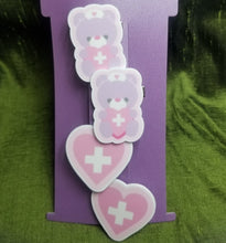 Load image into Gallery viewer, Lavender Bear and Heart Barrettes Set Scary Aliens
