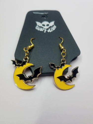 Moon and Bat Earrings- Halloween Jewelry- Nu Goth Earrings- Spooky Pastel Goth Jewelry- Gold Halloween Earrings Scary Aliens