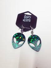 Load image into Gallery viewer, Navy Blue Alien Earrings - Blue Glitter Space Earrings UFO - Uchuu Kei Jewelry - Dangle Earrings Alien Head Earrings Scary Aliens
