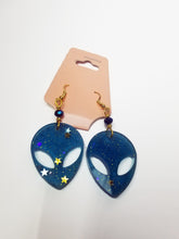 Load image into Gallery viewer, Navy Blue Alien Earrings - Blue Glitter Space Earrings UFO - Uchuu Kei Jewelry - Dangle Earrings Alien Head Earrings Scary Aliens
