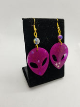 Load image into Gallery viewer, Neon Pink Alien Earrings - UFO Jewelry Resin Earrings - Space Babe Earrings - Handmade Dangle Earrings Scary Aliens
