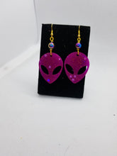 Load image into Gallery viewer, Neon Pink Alien Earrings - UFO Jewelry Resin Earrings - Space Babe Earrings - Handmade Dangle Earrings Scary Aliens
