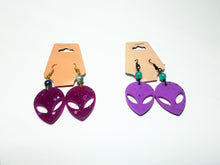 Load image into Gallery viewer, Neon Purple Alien Earrings - Magenta Space UFO - Uchuu Kei Resin Jewelry - Dangle Space Babe Earrings Alien Head Earrings Scary Aliens
