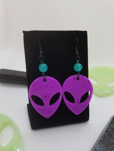 Load image into Gallery viewer, Neon Purple Alien Earrings - Magenta Space UFO - Uchuu Kei Resin Jewelry - Dangle Space Babe Earrings Alien Head Earrings Scary Aliens
