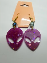 Load image into Gallery viewer, Neon Purple Alien Earrings - Magenta Space UFO - Uchuu Kei Resin Jewelry - Dangle Space Babe Earrings Alien Head Earrings Scary Aliens
