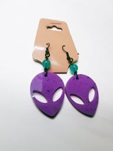 Load image into Gallery viewer, Neon Purple Alien Earrings - Magenta Space UFO - Uchuu Kei Resin Jewelry - Dangle Space Babe Earrings Alien Head Earrings Scary Aliens
