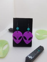 Load image into Gallery viewer, Neon Purple Alien Earrings - Magenta Space UFO - Uchuu Kei Resin Jewelry - Dangle Space Babe Earrings Alien Head Earrings Scary Aliens
