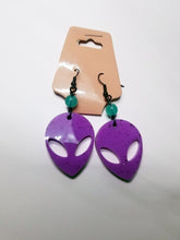 Load image into Gallery viewer, Neon Purple Alien Earrings - Magenta Space UFO - Uchuu Kei Resin Jewelry - Dangle Space Babe Earrings Alien Head Earrings Scary Aliens
