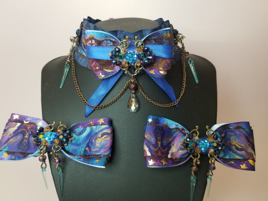 Ornate Navy Galaxy Play Collar and Bow Set Scary Aliens