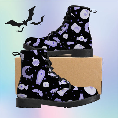 Pastel Goth Boots- Black/Purple Scary Aliens