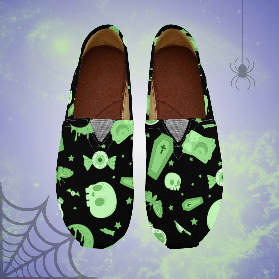 Pastel Goth Canvas Shoes- Black/Green Scary Aliens