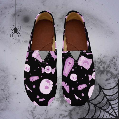 Pastel Goth Canvas Shoes- Black/Pink Scary Aliens