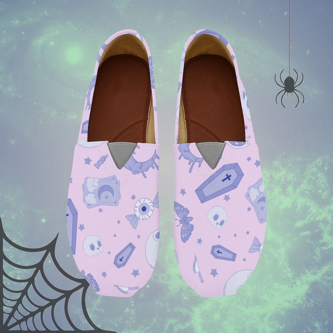 Pastel Goth Canvas Shoes- Pink/Lavender Scary Aliens