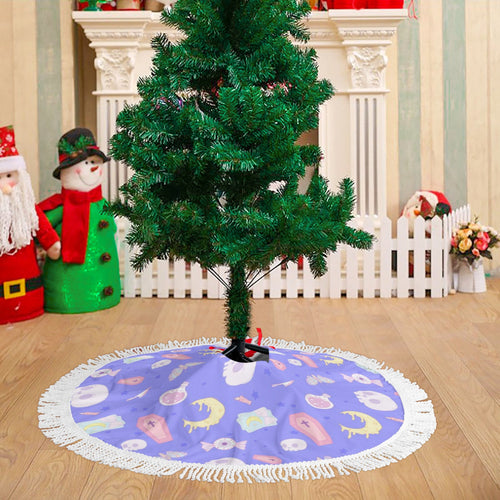 Pastel Goth Christmas Tree Skirt- 36 Inches Creepy Cute Xmas Tree Skirt- Fringed- Witchy Yule Tree Skirt Scary Aliens