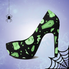 Load image into Gallery viewer, Pastel Goth High Heels- Black/Green Scary Aliens
