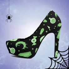 Load image into Gallery viewer, Pastel Goth High Heels- Black/Green Scary Aliens
