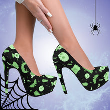 Load image into Gallery viewer, Pastel Goth High Heels- Black/Green Scary Aliens
