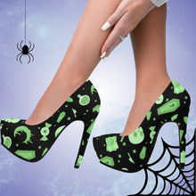 Load image into Gallery viewer, Pastel Goth High Heels- Black/Green Scary Aliens
