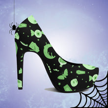 Load image into Gallery viewer, Pastel Goth High Heels- Black/Green Scary Aliens
