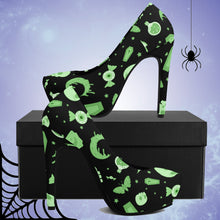 Load image into Gallery viewer, Pastel Goth High Heels- Black/Green Scary Aliens
