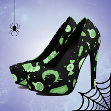 Load image into Gallery viewer, Pastel Goth High Heels- Black/Green Scary Aliens
