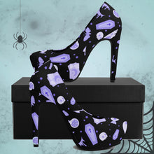 Load image into Gallery viewer, Pastel Goth High Heels- Black/Purple Scary Aliens
