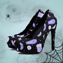 Load image into Gallery viewer, Pastel Goth High Heels- Black/Purple Scary Aliens
