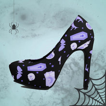 Load image into Gallery viewer, Pastel Goth High Heels- Black/Purple Scary Aliens
