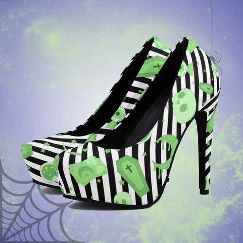 Pastel Goth High Heels- Black Stripe/Green Scary Aliens