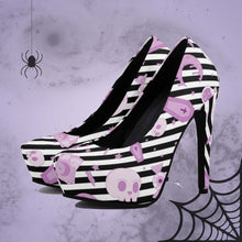 Load image into Gallery viewer, Pastel Goth High Heels- Black Stripe/Pink Scary Aliens
