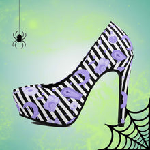 Load image into Gallery viewer, Pastel Goth High Heels- Black Stripe/Pink Scary Aliens
