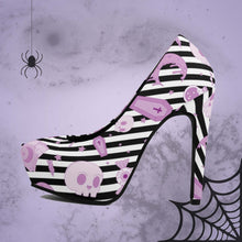 Load image into Gallery viewer, Pastel Goth High Heels- Black Stripe/Pink Scary Aliens
