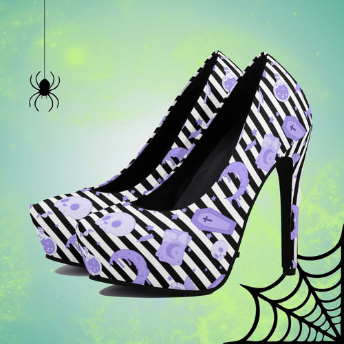 Pastel Goth High Heels- Black Stripe/Pink Scary Aliens