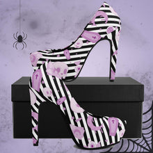 Load image into Gallery viewer, Pastel Goth High Heels- Black Stripe/Pink Scary Aliens
