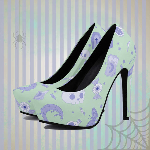 Pastel Goth High Heels- Mint/Lavender Scary Aliens