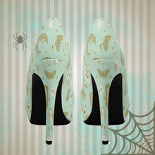 Load image into Gallery viewer, Pastel Goth High Heels- Mint/Tan Scary Aliens
