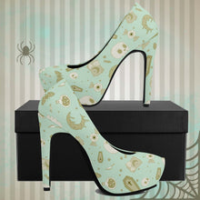 Load image into Gallery viewer, Pastel Goth High Heels- Mint/Tan Scary Aliens
