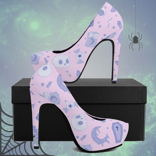 Pastel Goth High Heels- Pink/Lavender Scary Aliens