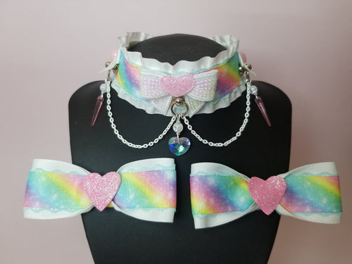 Pastel Rainbow Luxury BDSM Collar and Bows Set Scary Aliens