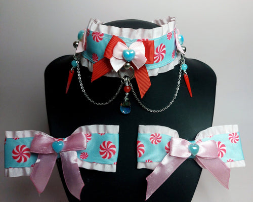 Peppermint Candy Luxury BDSM Collar and Bow Set Scary Aliens