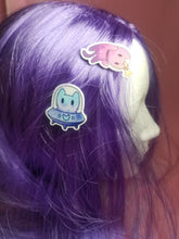 Load image into Gallery viewer, Pink and Blue Space Cat Barrette Set Scary Aliens
