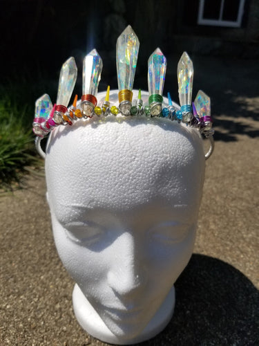 Pride Queen Rainbow Crystal Crown - Wire Wrapped Resin Tiara - LGBTQ LGBT Headband - Iridescent Opal Effect Crystal - Ice Queen Lesbian Gay Scary Aliens